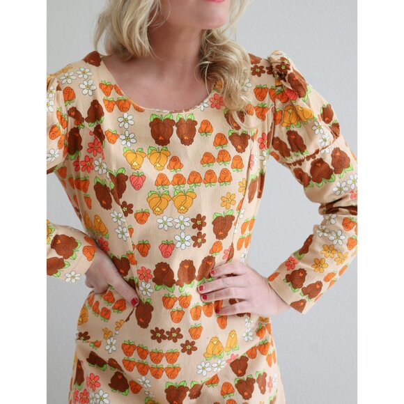 1960s Vintage Autumn Rose Mini Dress & Scarf Set ~ Women's Medium to Large MD LG - Picture 4 of 10